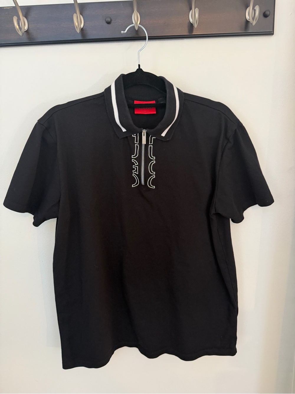 HUGO Black Polo with White Trim and Zip Placket